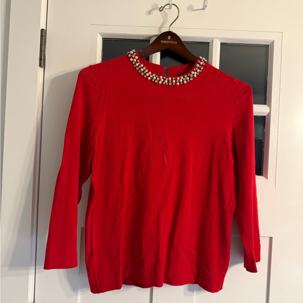 Red Sweater with Pearl Embellished Collar